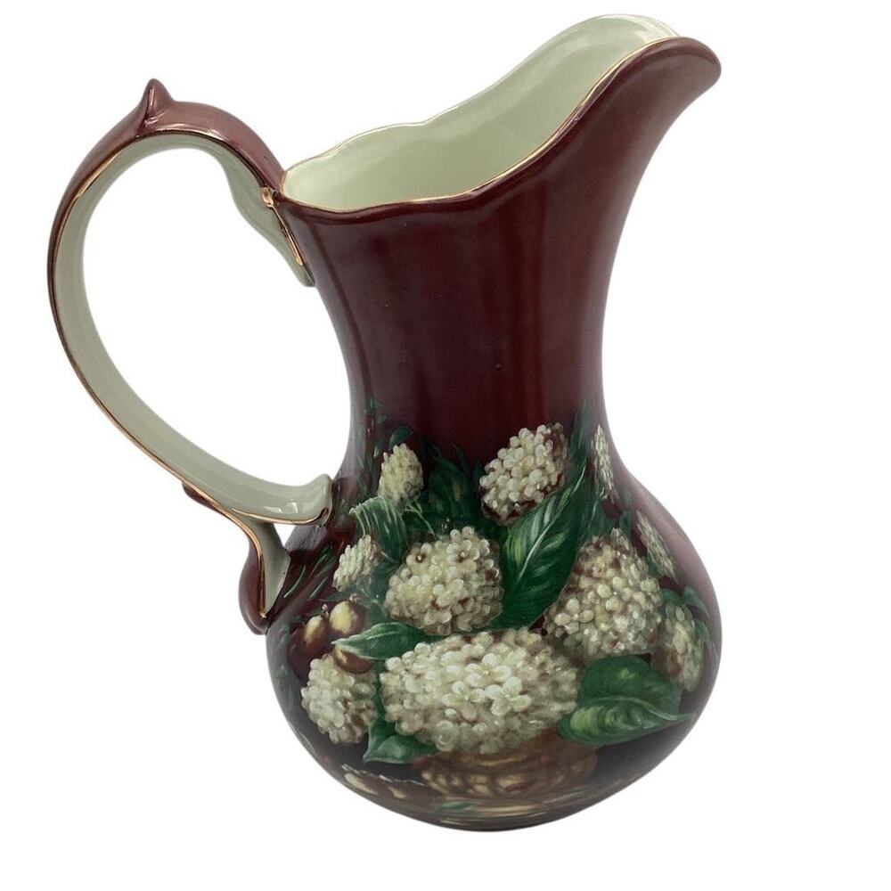VTG Lisa White Arts Hydrangea Collection Ceramic Pitcher Vase 10" Multicolor